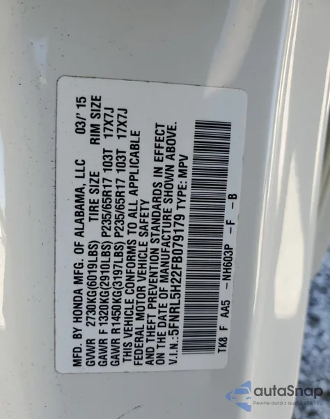 2015 Honda Odyssey Lx z USA, uszkodzony, nr VIN 5FNRL5H22FB079179